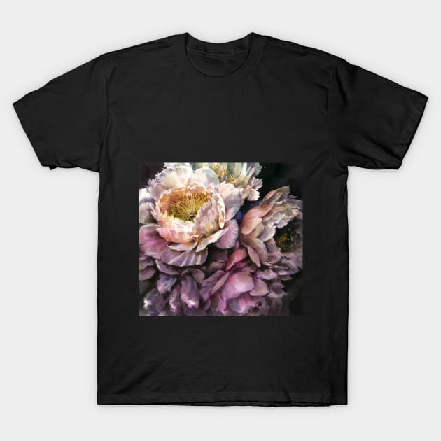 Peonies on a dark background T-Shirt by Elena_Vavilina